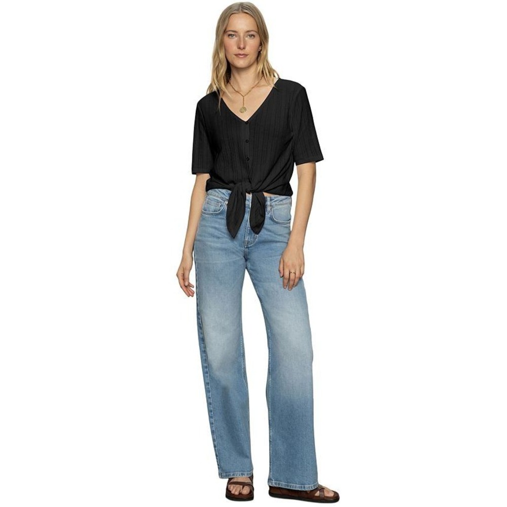 Sanctuary Pointelle Tie Front Tee Womens XS Black Classic Boho Casual Preppy NWT